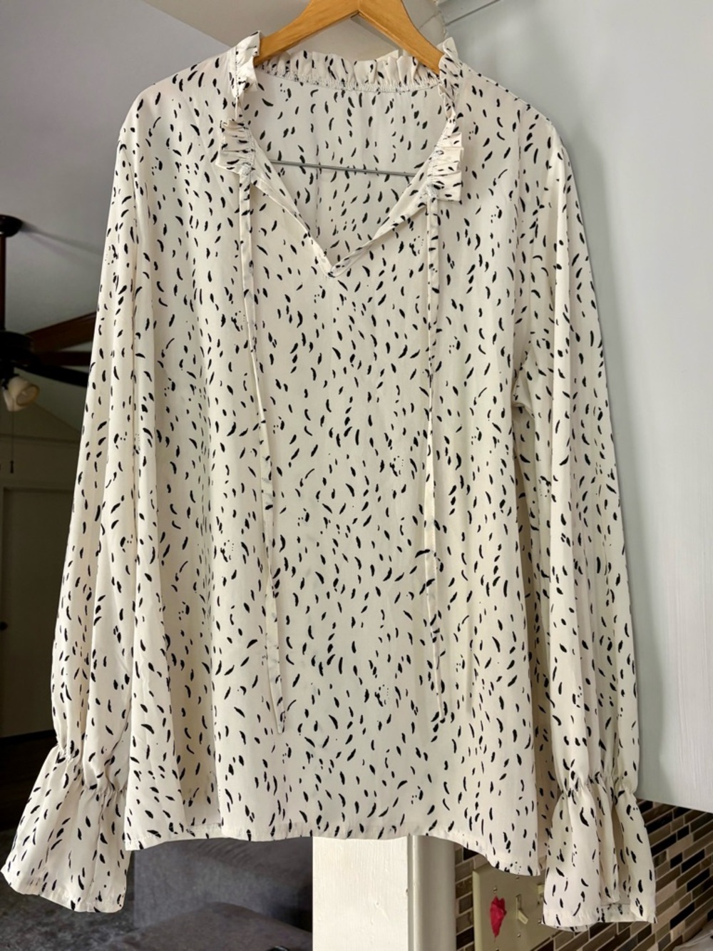 Cream and Black Printed Long-Sleeve Womens Blouse
